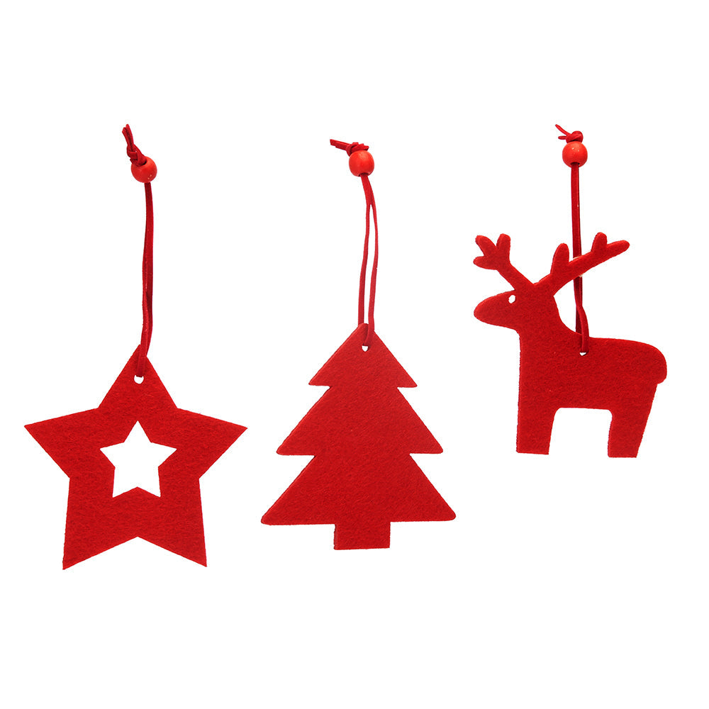 Set 3 ornamente textil de brad - rosu