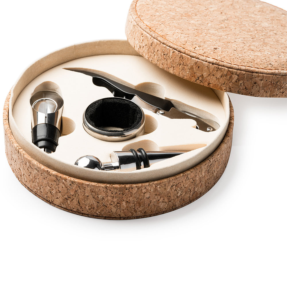 Set 4 accesorii vin in cutie de pluta