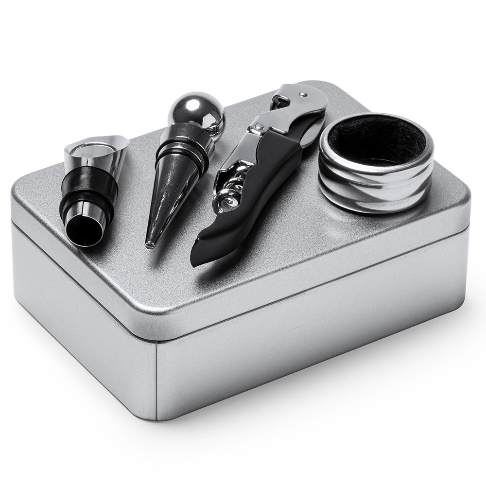 Set 4 accesorii vin in cutie metalica