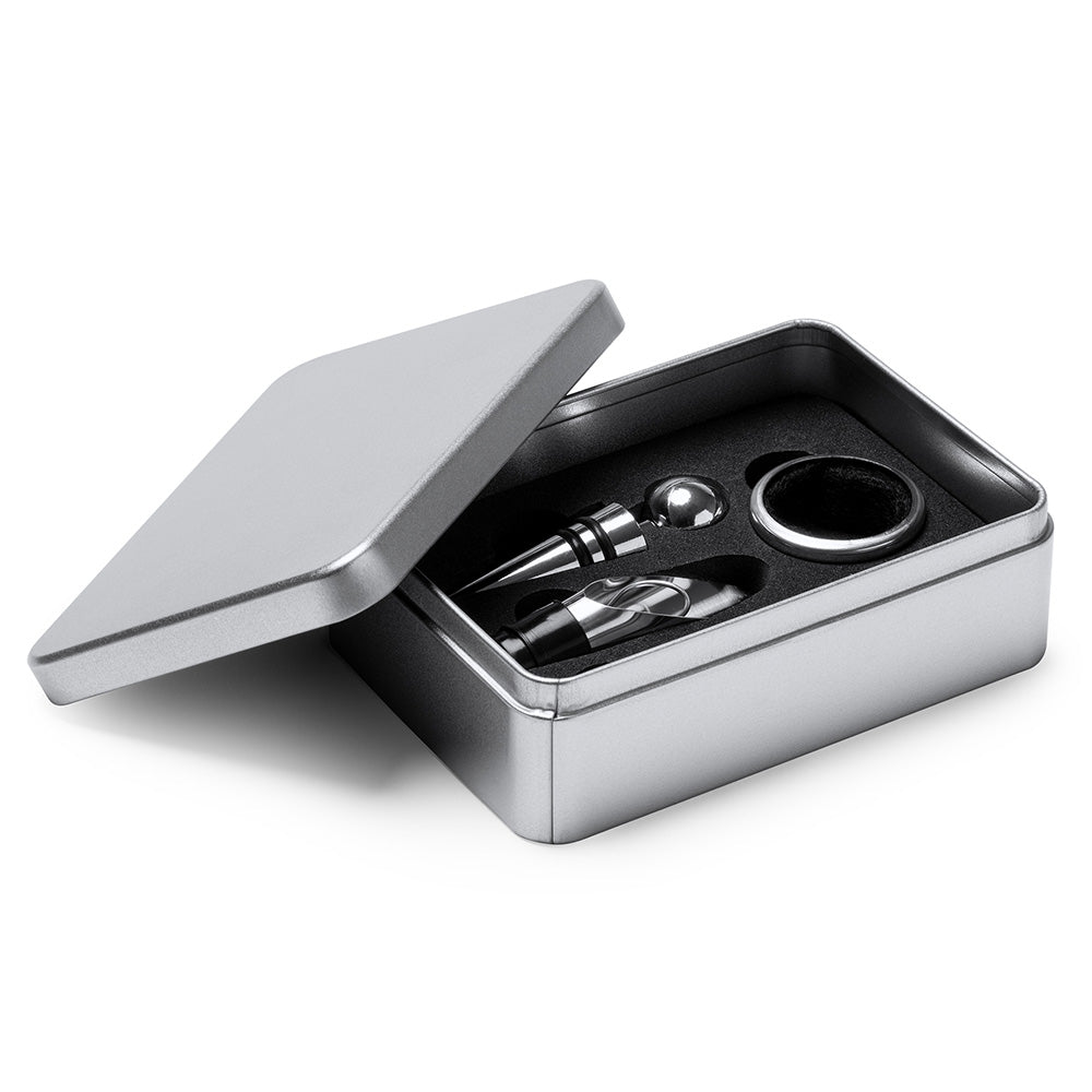 Set 4 accesorii vin in cutie metalica