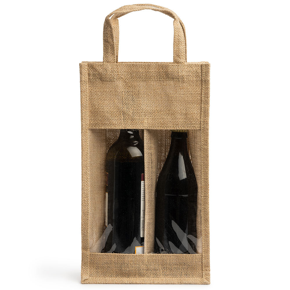 Sacosa dubla din iuta pentru sticle de vin - cu fereastra