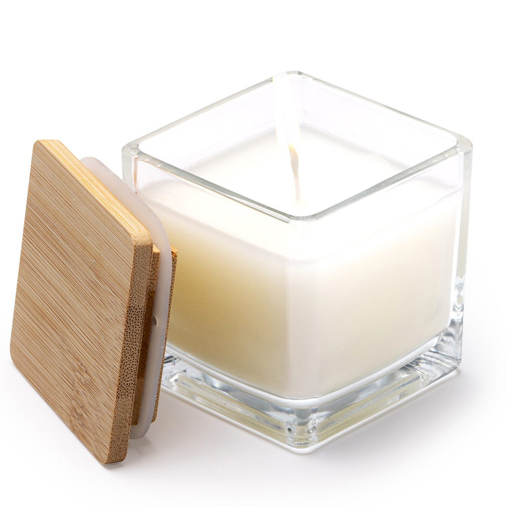 Lumanare patrata parfumata cu capac de lemn