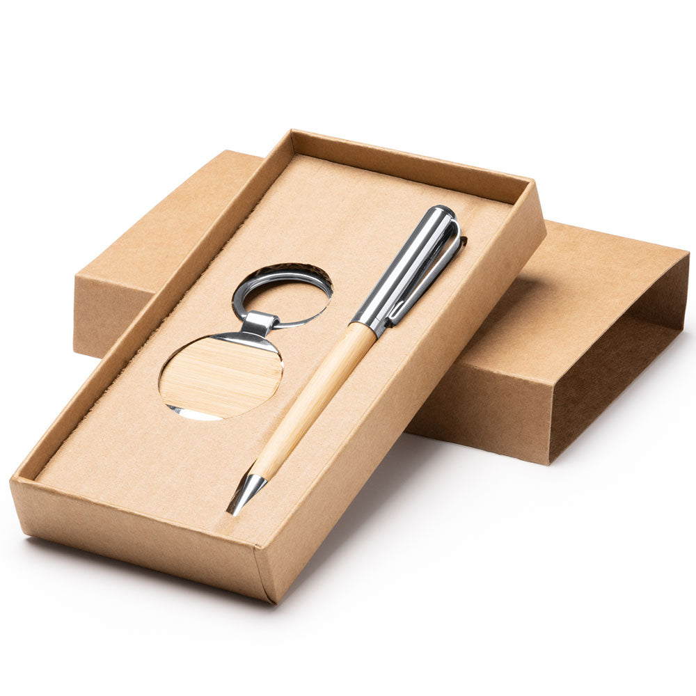 Set premium de pix si breloc din lemn in cutie