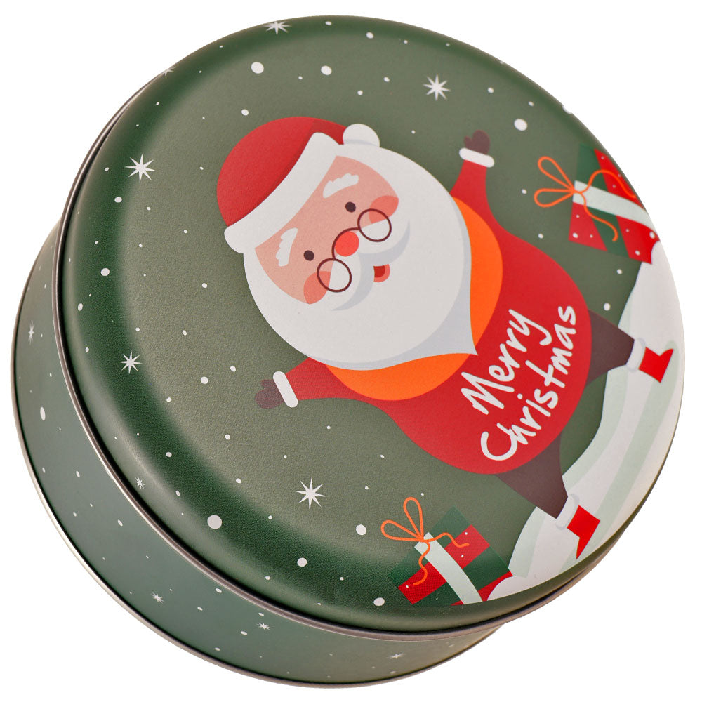 Cutie metalica rotunda verde cu model Mos Craciun