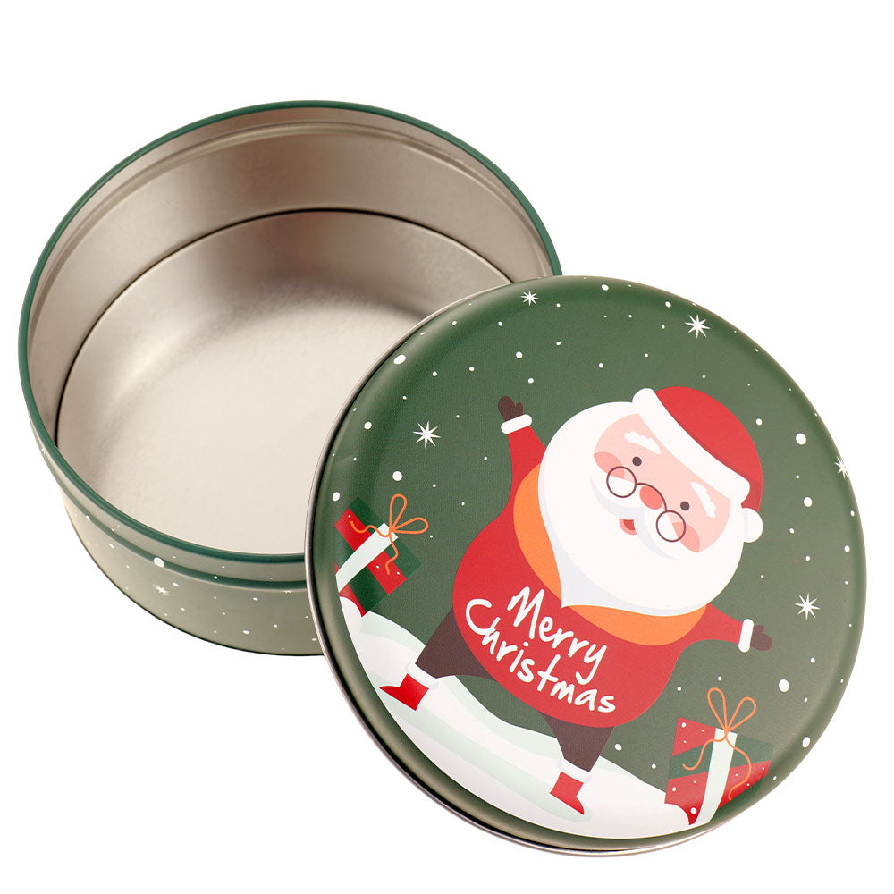 Cutie metalica rotunda verde cu model Mos Craciun