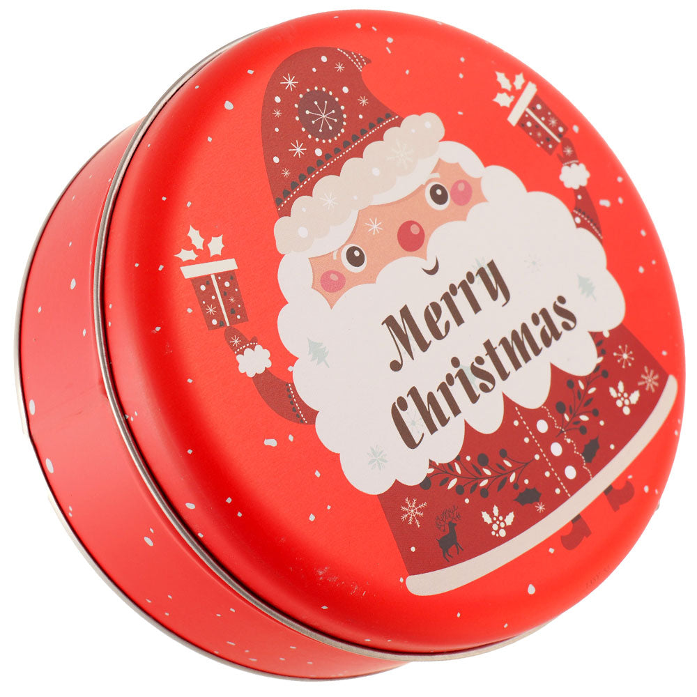Cutie metalica rotunda rosie cu model Mos Craciun