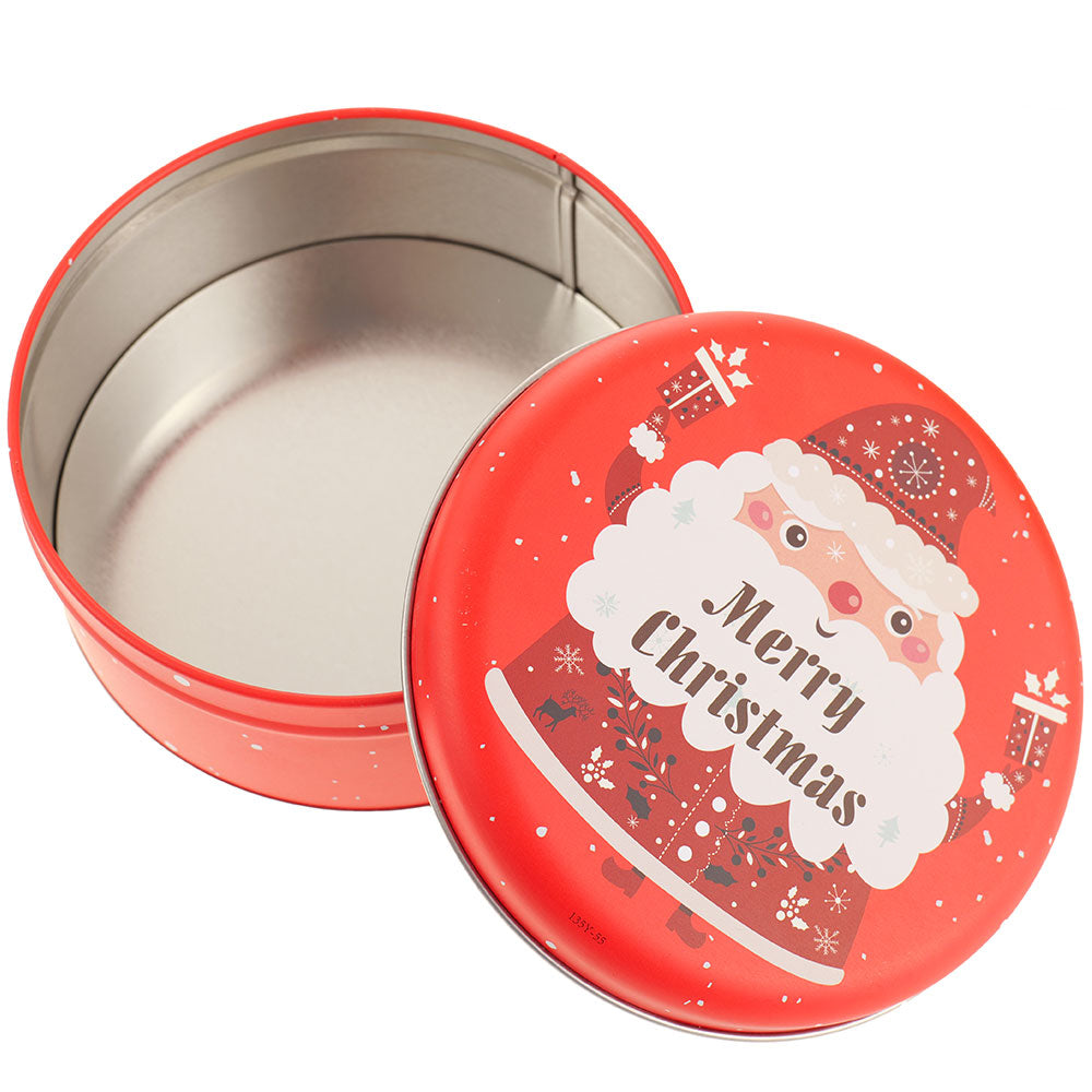 Cutie metalica rotunda rosie cu model Mos Craciun