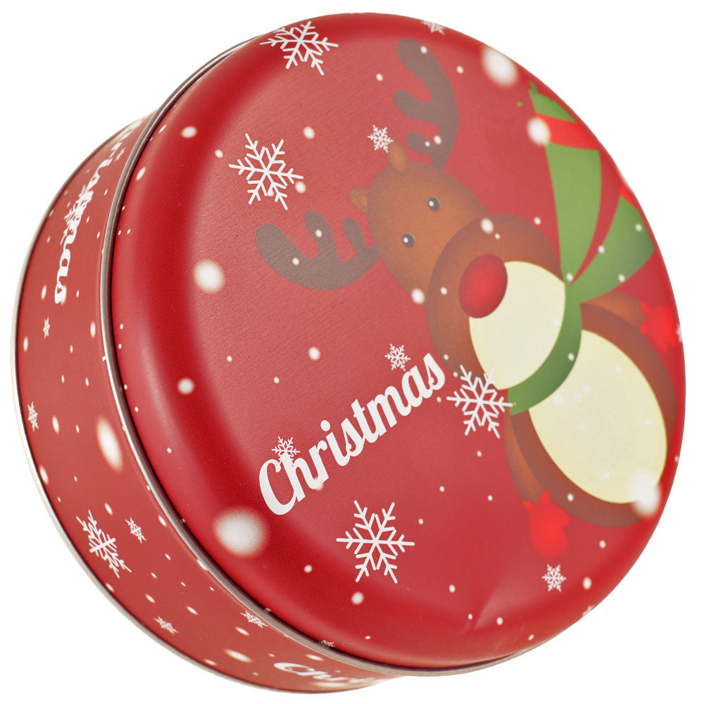 Cutie metalica rotunda rosie cu model ren de Craciun