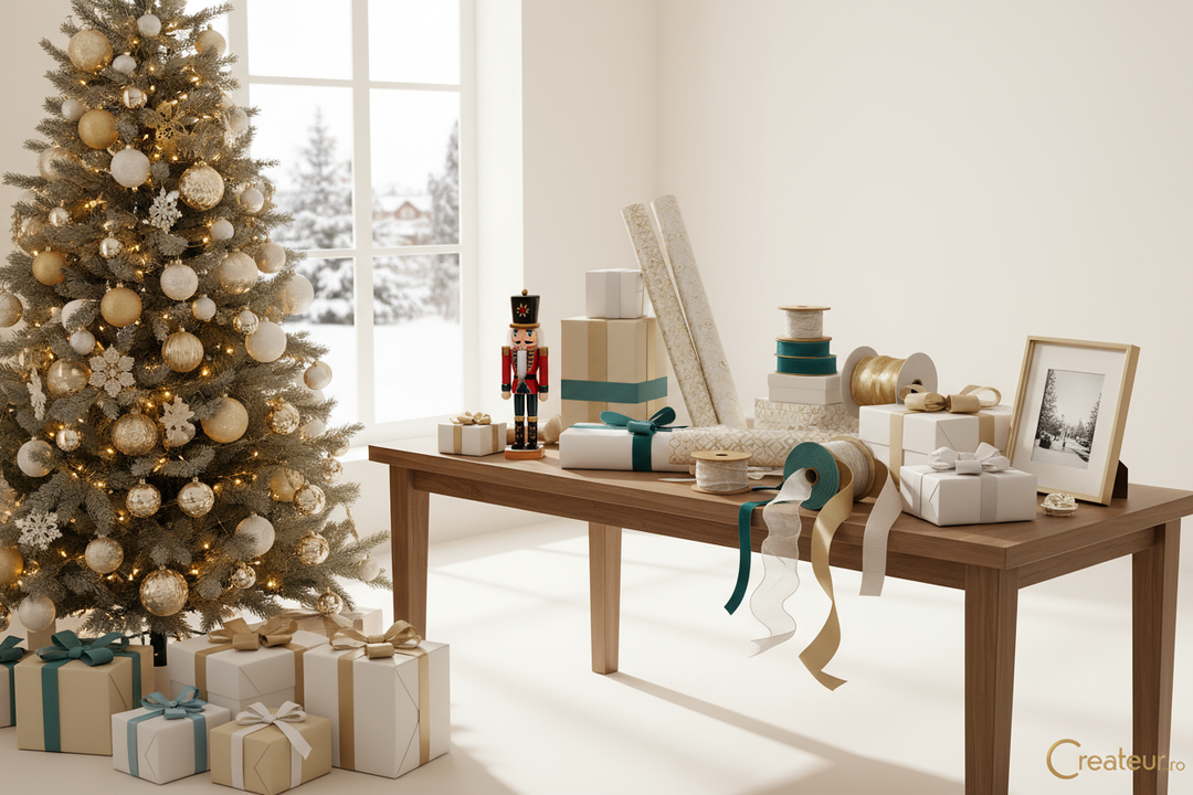 A bright, cozy Christmas interior with an artificial Christmas tree decorated in gold and white, elegant gift wrapping materials on a table (ribbons, boxes, paper, tape), a classic nutcracker figurine, neatly packaged gifts, and a stylish photo frame nearby. Soft daylight from a side window with a gentle blur outside, warm white background, premium lifestyle photography, shallow depth of field, natural tones of beige, teal, and gold, Createur.ro aesthetic, professional product-shoot quality.