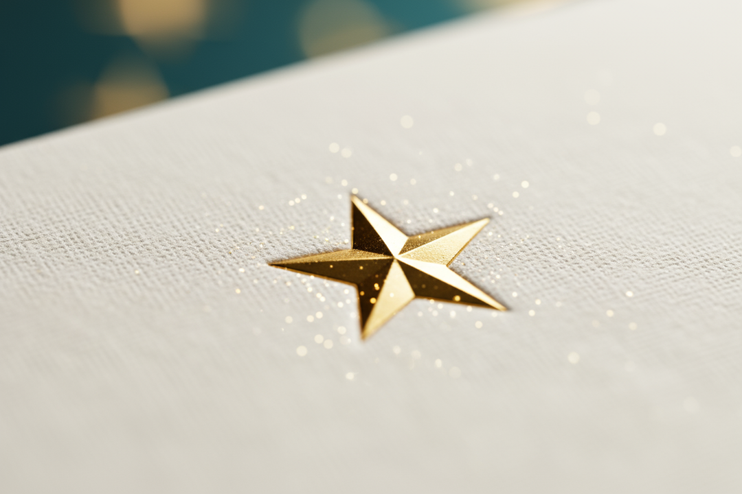 A close-up of a golden five-pointed star embossed on textured white paper, surrounded by subtle sparkles of light, soft shallow depth of field, elegant product photography, minimalist premium style, teal-gold color palette, clean white background. Perfect centered composition for a web hero image.