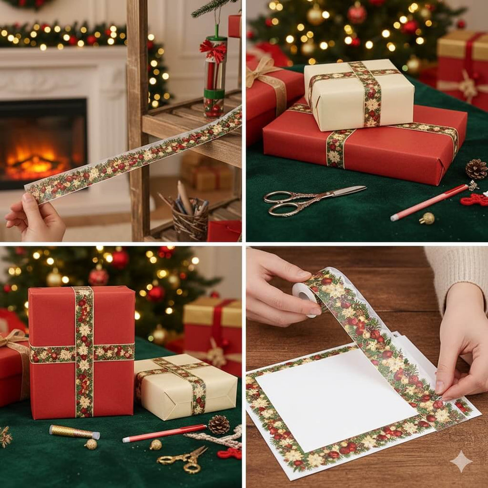 Bandă autocolantă Crăciun cu flori și globuri - CraftUp