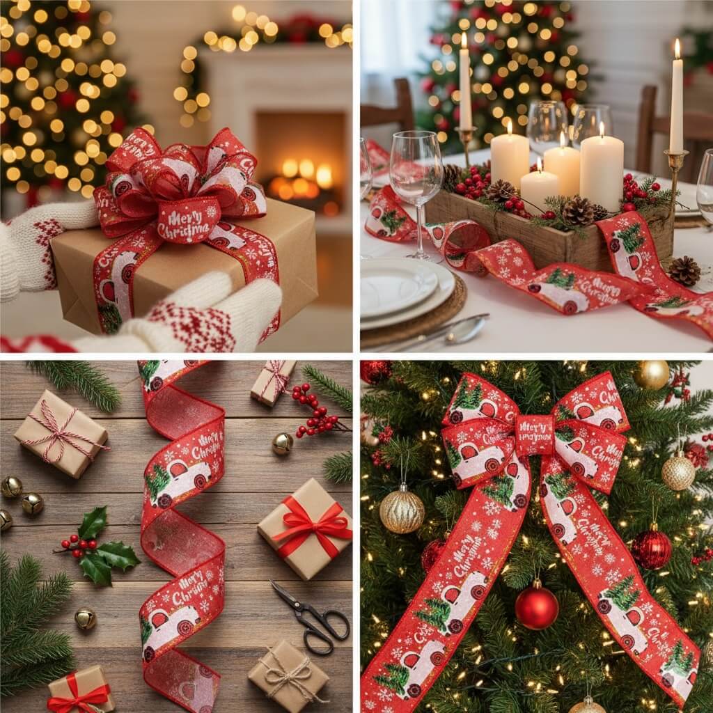 Bandă decorativă Crăciun cu cană și brad - Roșu - CraftUp