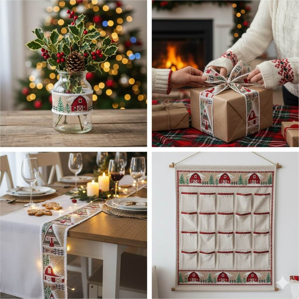 Bandă decorativă Crăciun cu sat de iarnă și margine pufoasă - CraftUp