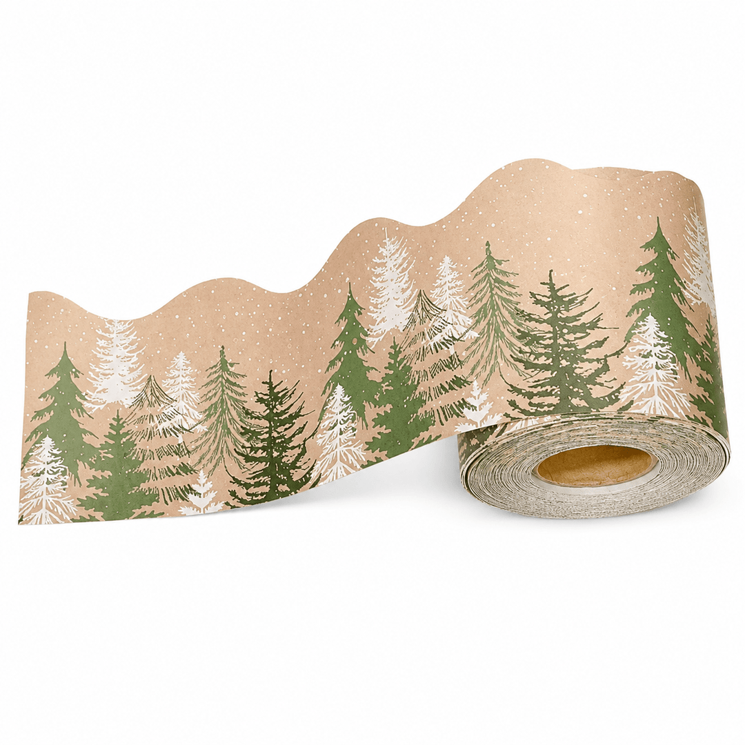 Bandă decorativă de Crăciun cu pădure de brazi - bej - CraftUp
