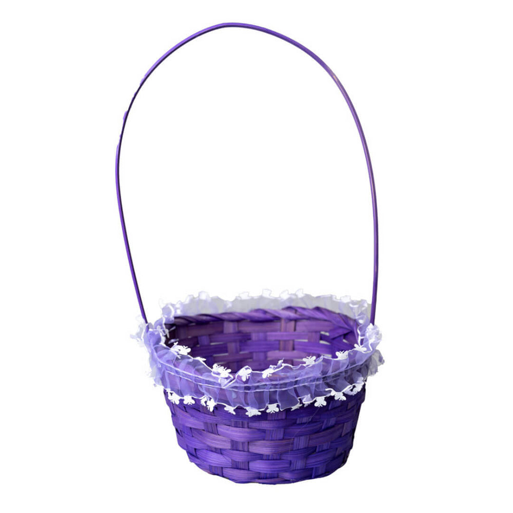 Coșuleț mediu ratan rotund cu mâner și dantelă 18x10cm - mov - CraftUp