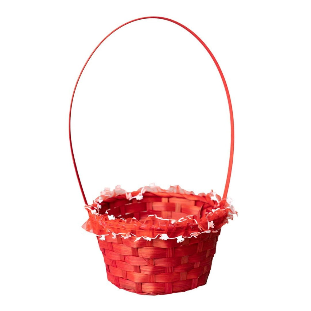 Coșuleț mediu ratan rotund cu mâner și dantelă 18x10cm - roșu - CraftUp