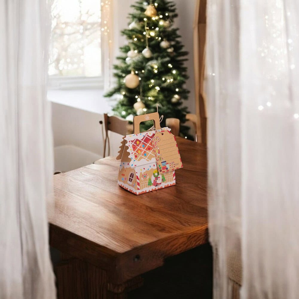 Cutie căsuță de Crăciun cu mâner sfoară și etichetă - kraft (set 25 buc) - CraftUp