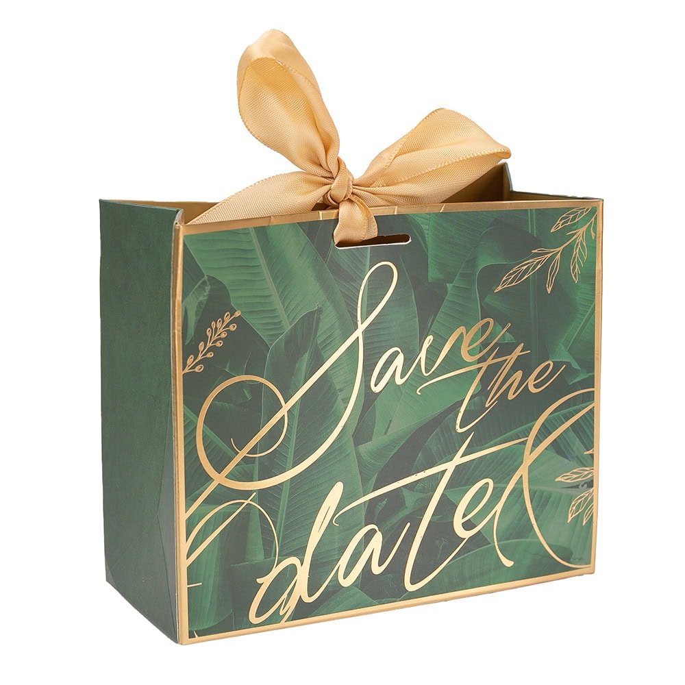 Cutie cu fundă satinată și mesaj Save the date - verde (set 50 buc) - CraftUp