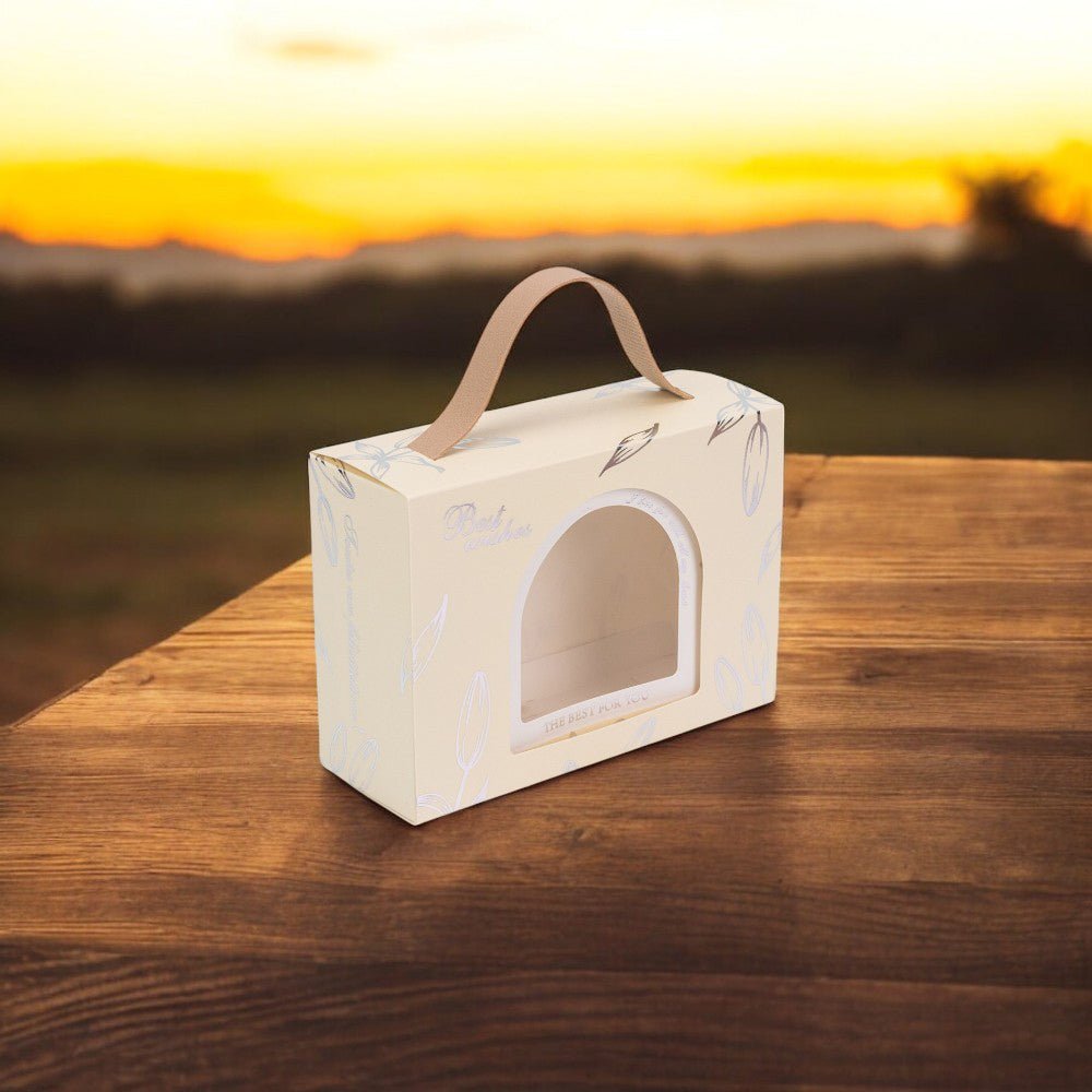 Cutie dreptunghiulară cu fereastră arcadă și mâner din piele - alb (set 50 buc) 17x6x12cm - CraftUp