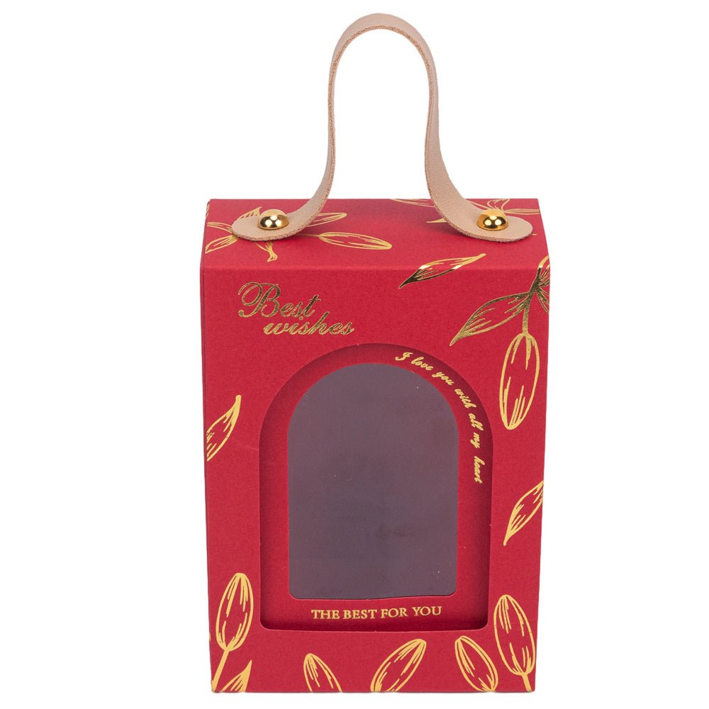 Cutie dreptunghiulară cu fereastră arcadă și mâner din piele - roșu (set 50 buc) 8.8x4.8x12.5cm - CraftUp