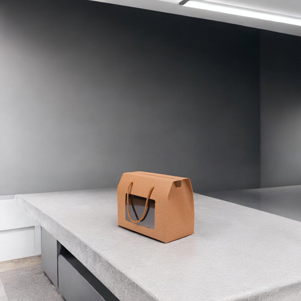 Cutie dreptunghiulară cu fereastră și mâner din sfoară - kraft (set 12 buc) - CraftUp