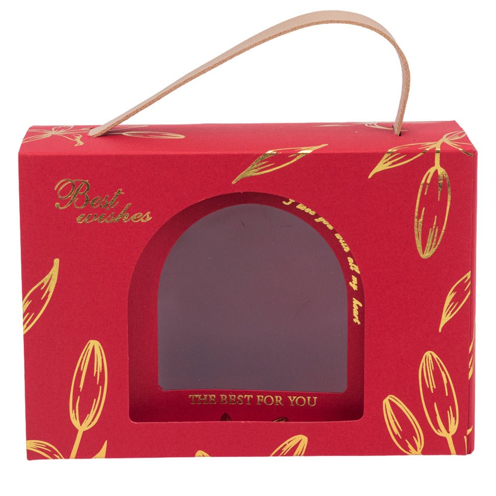 Cutie dreptunghiulară cu ferestră arcadă și mâner din piele - roșu (set 50 buc) 17x6x12cm - CraftUp