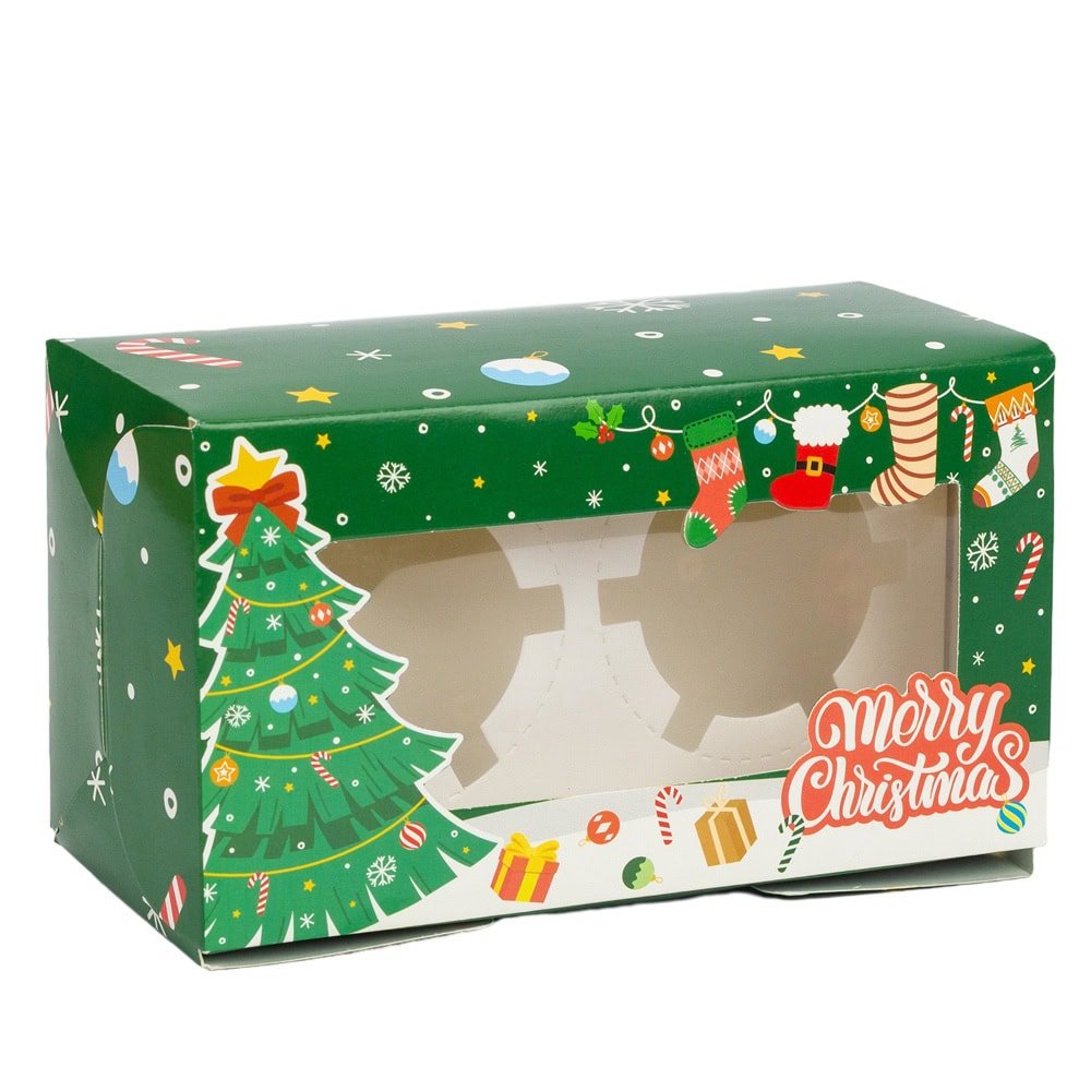 Cutie dreptunghiulară de Crăciun cu fereastră și 2 compartimente - verde (set 25 buc) - CraftUp