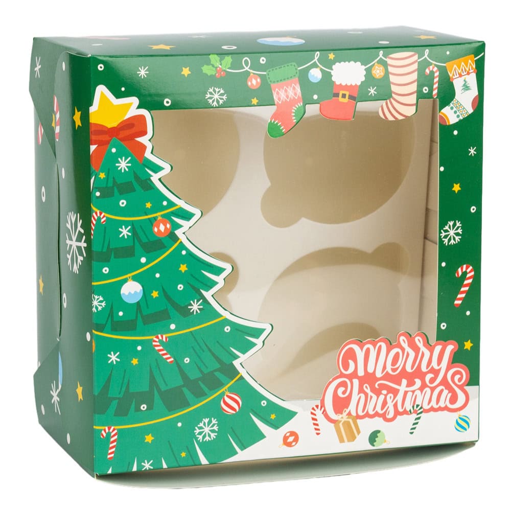 Cutie dreptunghiulară de Crăciun cu fereastră și 4 compartimente - verde (set 20 buc) - CraftUp