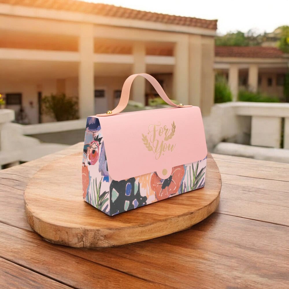 Cutie gentuță model floral cu mâner și mesaj Love You - roz (set 50 buc) - CraftUp