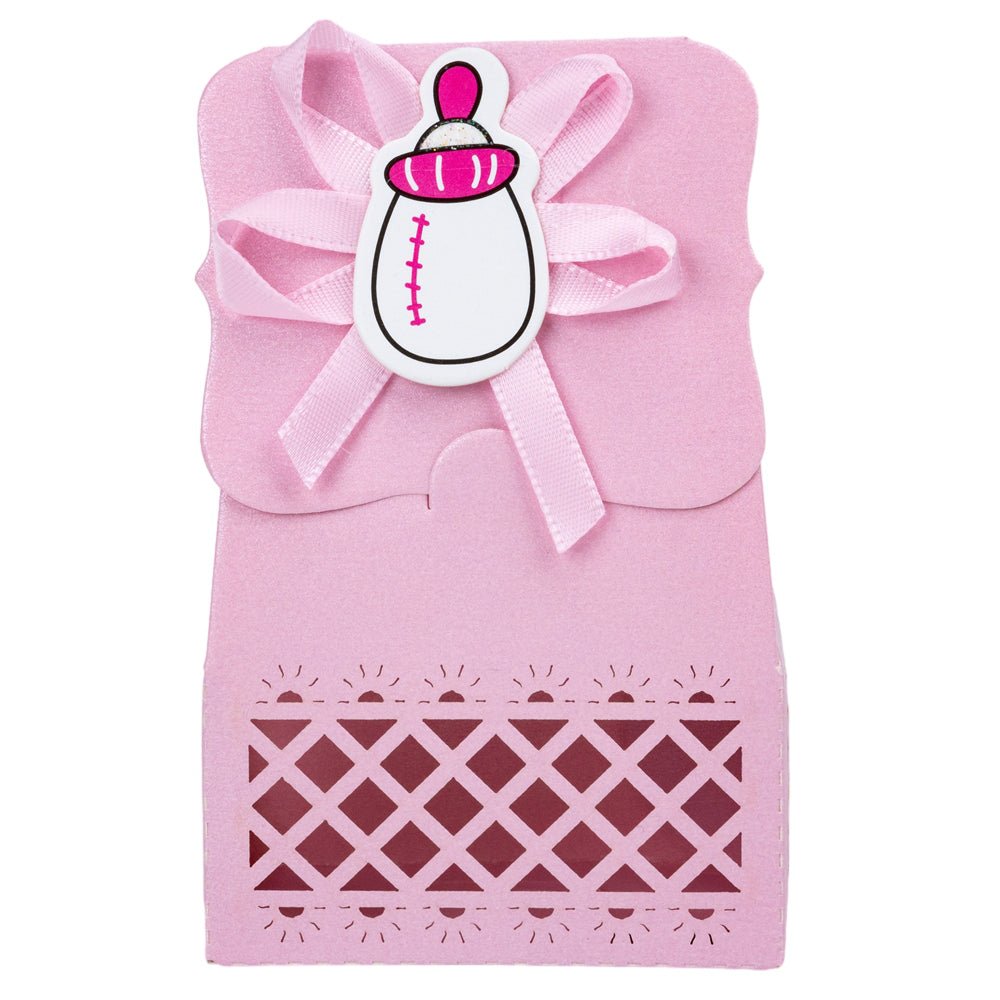Cutie hârtie model Baby Shower cu panglică - roz (set 12 buc) - 6.4x3.5x10.2cm - CraftUp