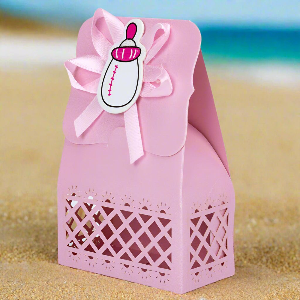 Cutie hârtie model Baby Shower cu panglică - roz (set 12 buc) - 6.4x3.5x10.2cm - CraftUp