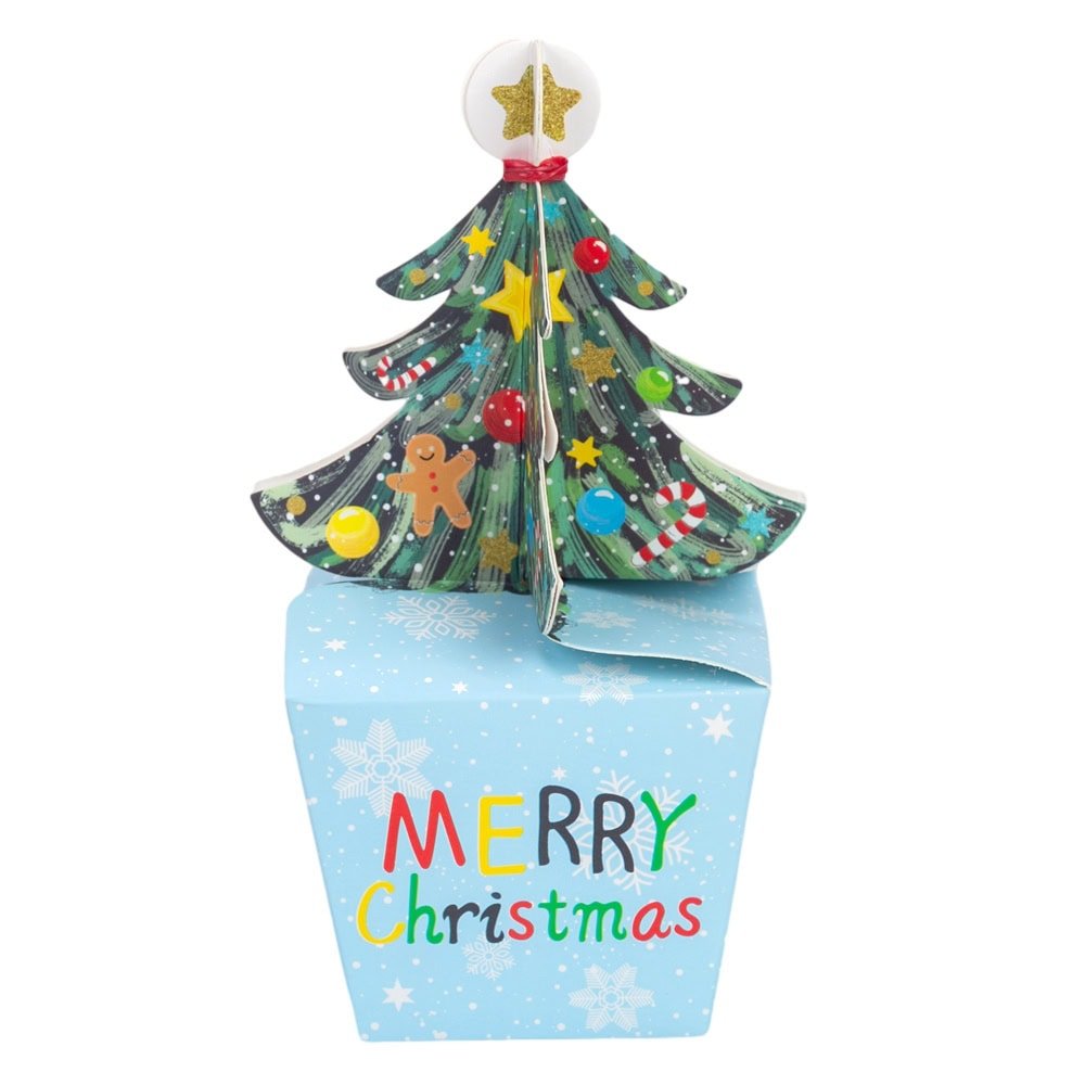 Cutie mică cu brad 3D și mesaj Crăciun fericit - bleu (set 50 buc) - CraftUp