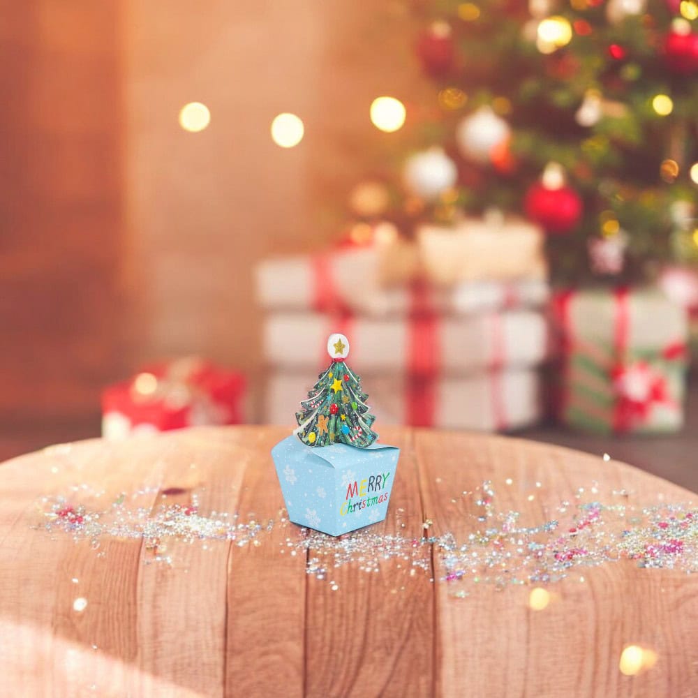 Cutie mică cu brad 3D și mesaj Crăciun fericit - bleu (set 50 buc) - CraftUp