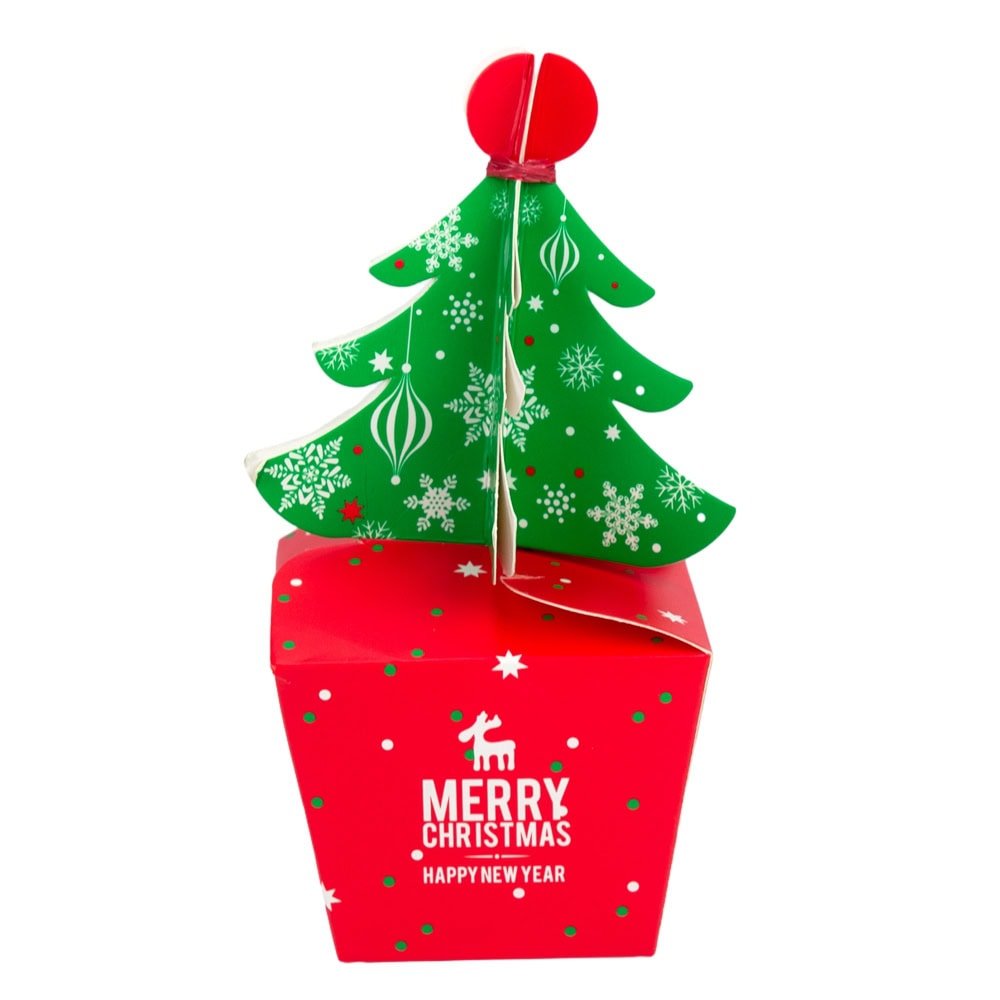 Cutie mică cu brad 3D și mesaj Crăciun fericit - roșu (set 50 buc) - CraftUp