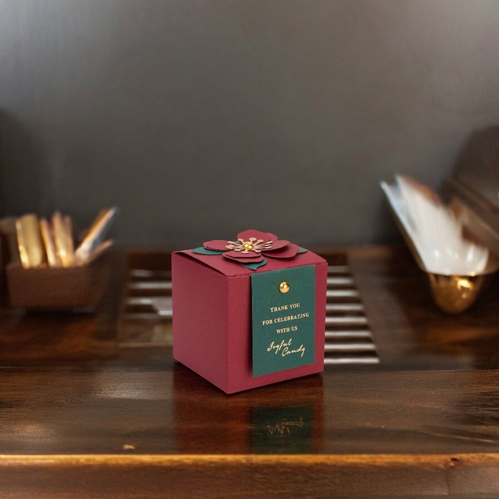 Cutie mică cu floare 3D și mesaj - vișiniu - verde (set 10 buc) - CraftUp