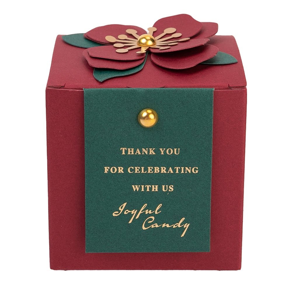 Cutie mică cu floare 3D și mesaj - vișiniu - verde (set 10 buc) - CraftUp