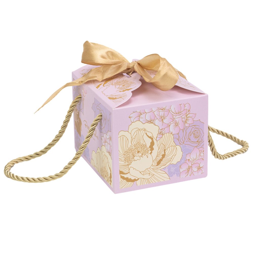 Cutie mică cu panglică și mâner din sfoară model floral - mov (set 50 buc) - 10.5x8.3x7.3cm - CraftUp