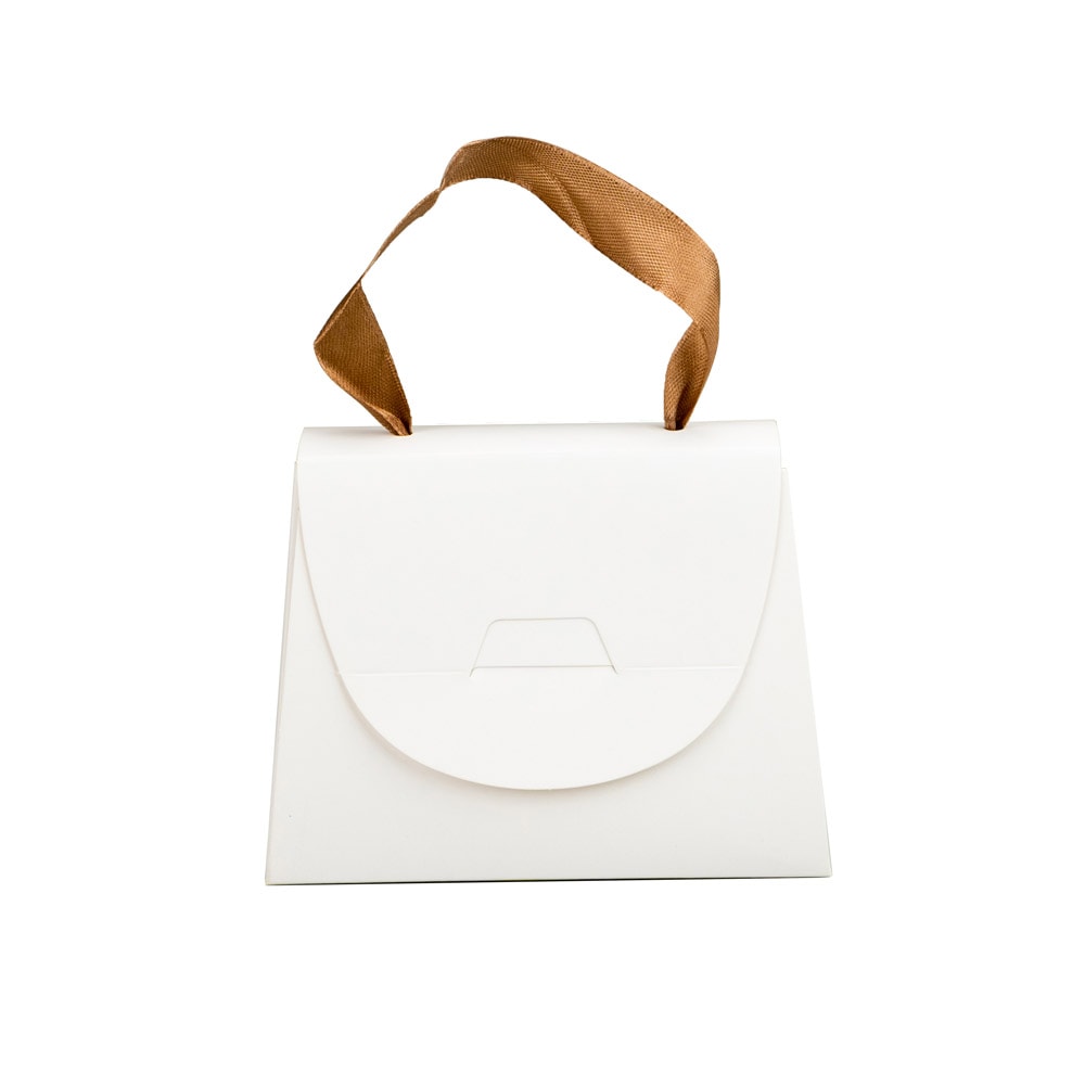 Cutie mică gentuță cu panglică maro din satin - alb (set 50 buc) - CraftUp