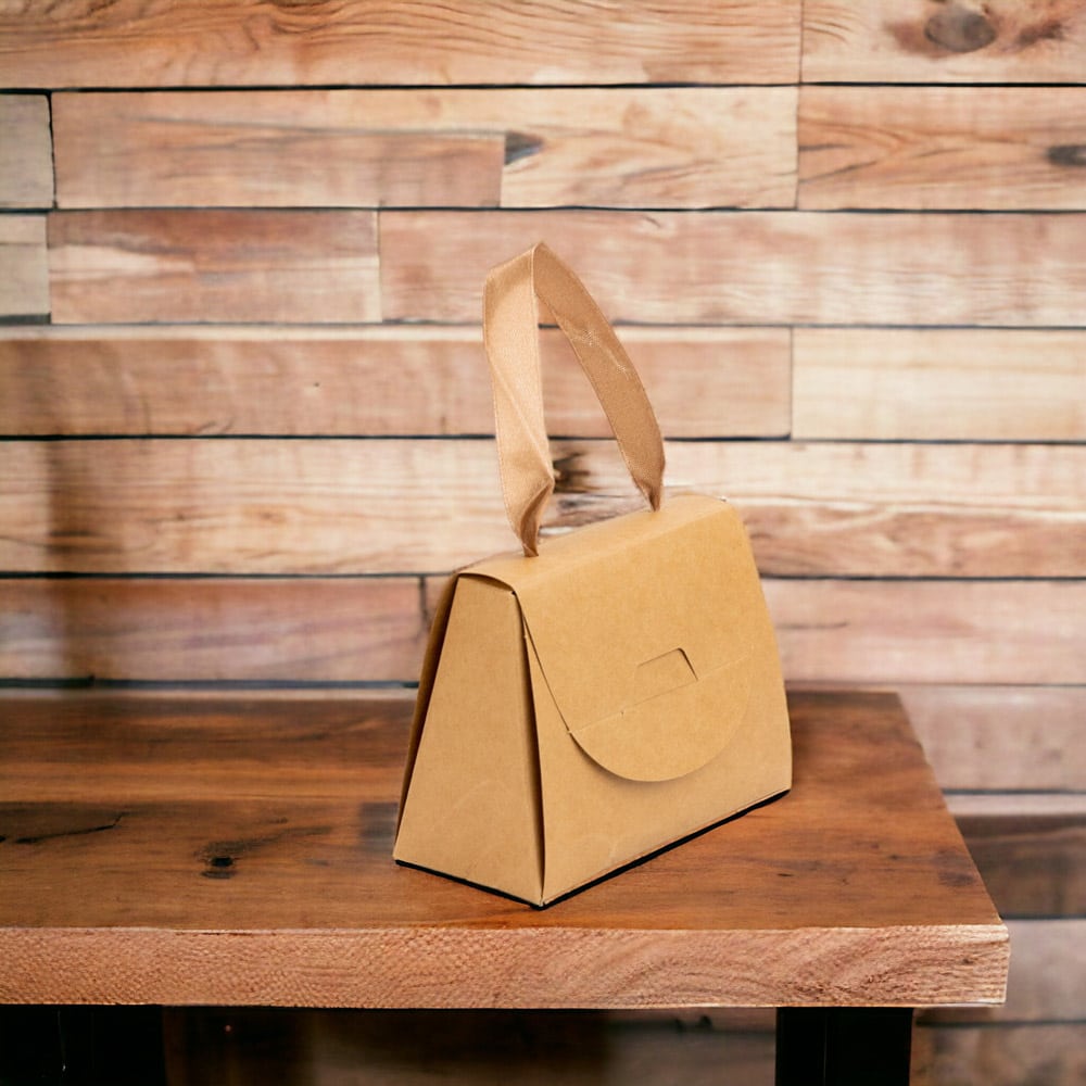 Cutie mică gentuță cu panglică maro din satin - kraft (set 50 buc) - CraftUp