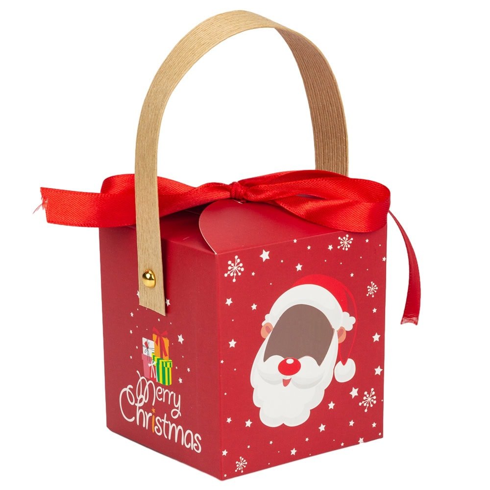 Cutie mică pătrată Crăciun cu fereastră, mâner kraft și fundă - roșu (set 50 buc) - CraftUp