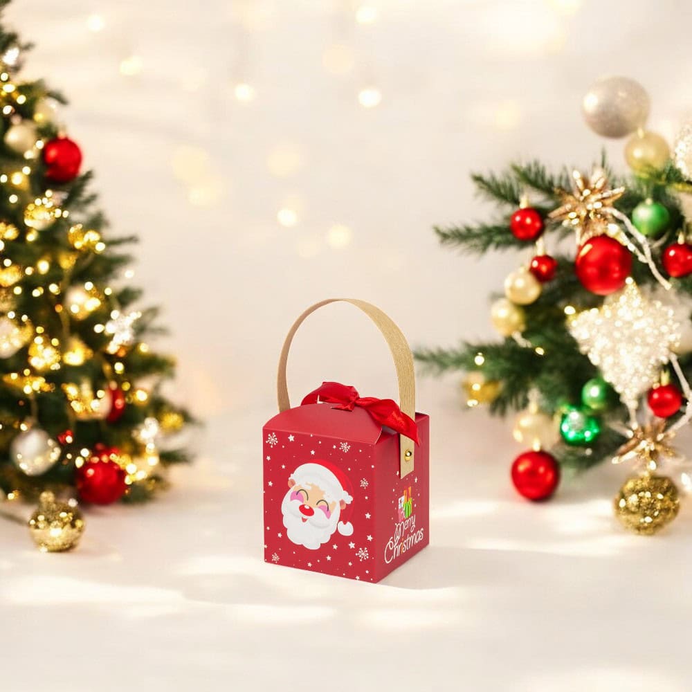 Cutie mică pătrată Crăciun cu fereastră, mâner kraft și fundă - roșu (set 50 buc) - CraftUp