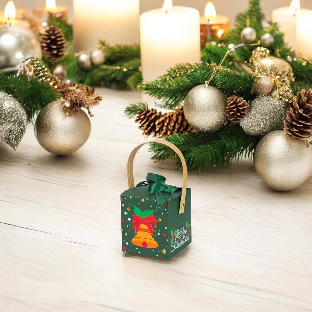 Cutie mică pătrată Crăciun cu fereastră, mâner kraft și fundă - verde (set 50 buc) - CraftUp