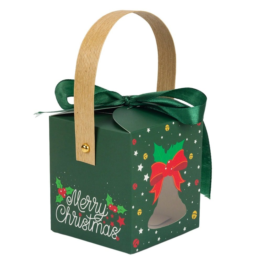 Cutie mică pătrată Crăciun cu fereastră, mâner kraft și fundă - verde (set 50 buc) - CraftUp