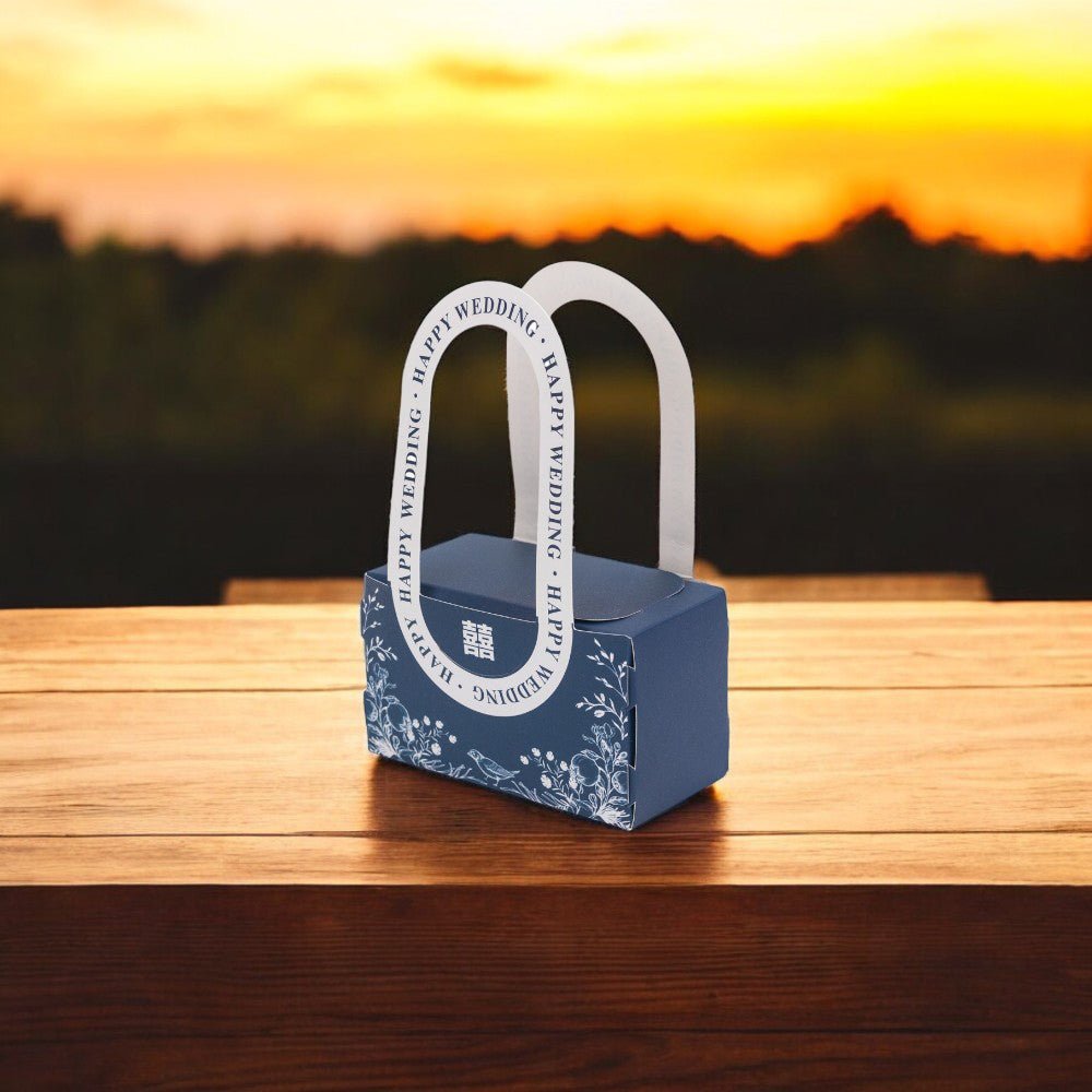 Cutie model floral cu mâner și mesaj Happy wedding - albastru (set 25 buc) - 10x6x5cm - CraftUp