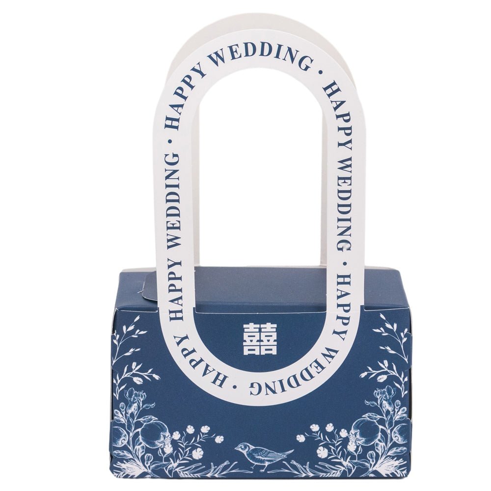 Cutie model floral cu mâner și mesaj Happy wedding - albastru (set 25 buc) - 10x6x5cm - CraftUp