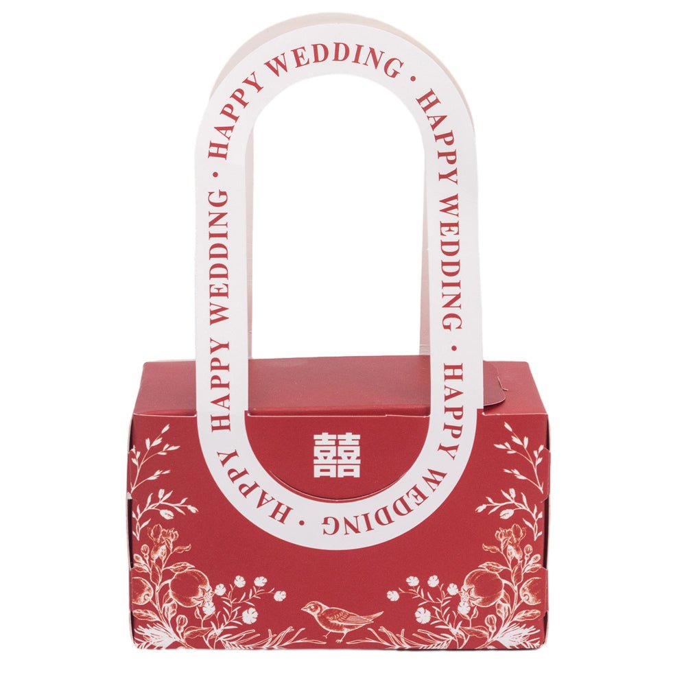 Cutie model floral cu mâner și mesaj Happy wedding - roșu (set 25 buc) - 10x6x5cm - CraftUp