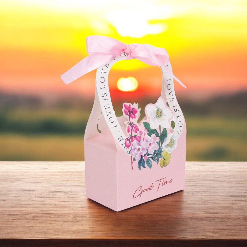 Cutie model floral cu mâner și panglică - roz (set 25 buc) - 17x12x6cm - CraftUp