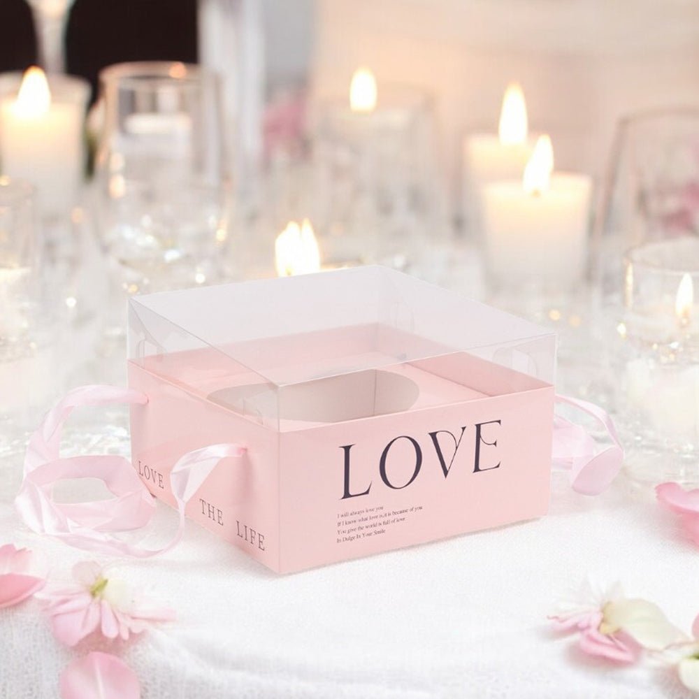 Cutie pătrată cu fereastră inimă capac transparent și mâner - roz (set 2 buc) 23x23x15cm - CraftUp