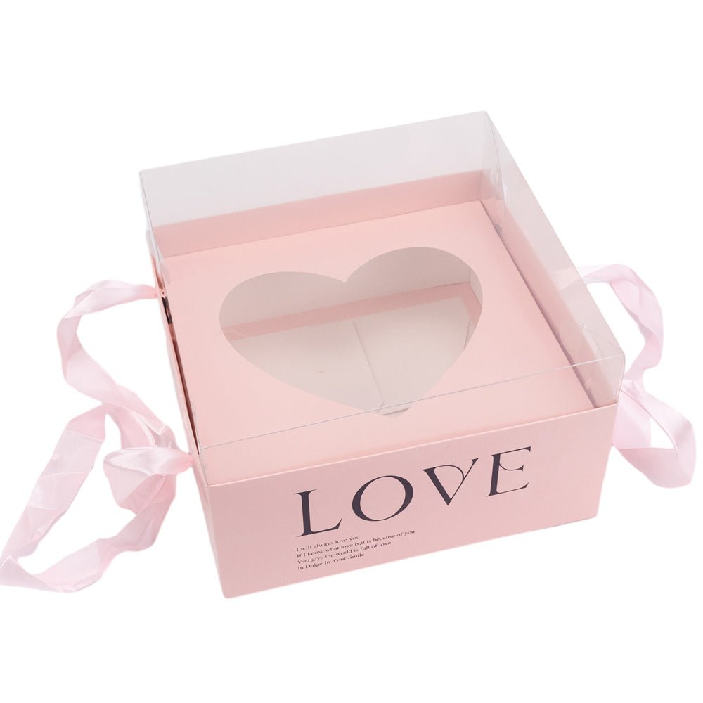 Cutie pătrată cu fereastră inimă capac transparent și mâner - roz (set 2 buc) 23x23x15cm - CraftUp