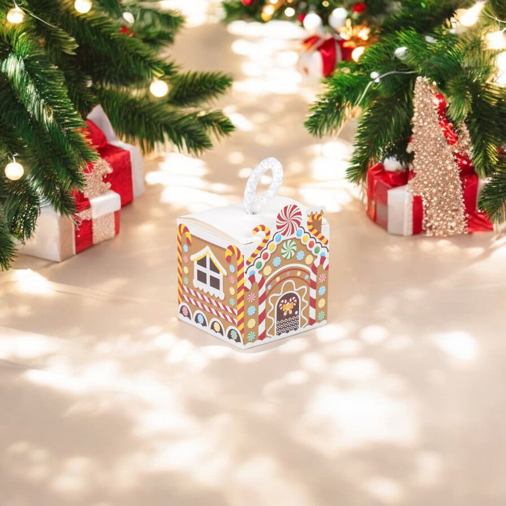 Cutie pătrată de Crăciun cu mâner de sfoară alb - maro (set 50 buc) - CraftUp